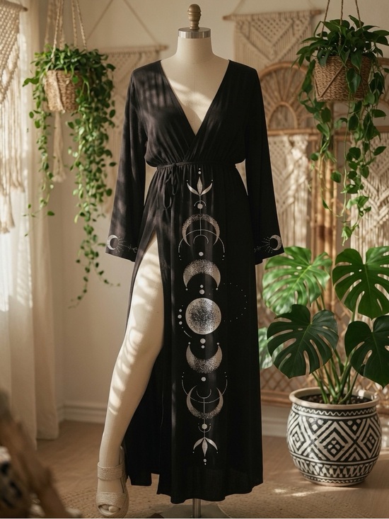 None Dresses & Skirts - NEW Moon Phase Black Maxi Dress Celestial V-Neck High Split Gothic Wrap BOHO